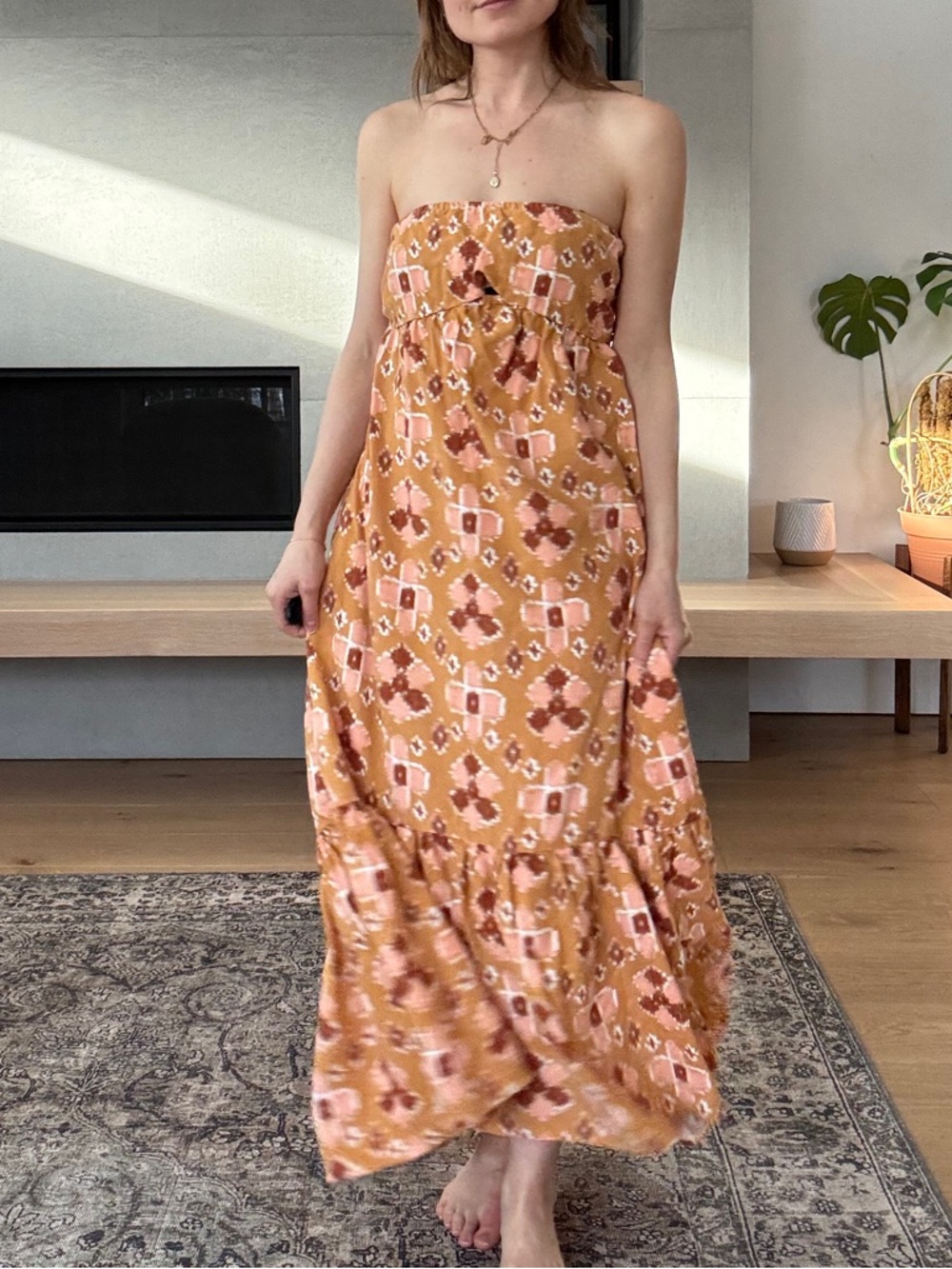 Aerie linen blend ochre orange Strapless Maxi Dress medium